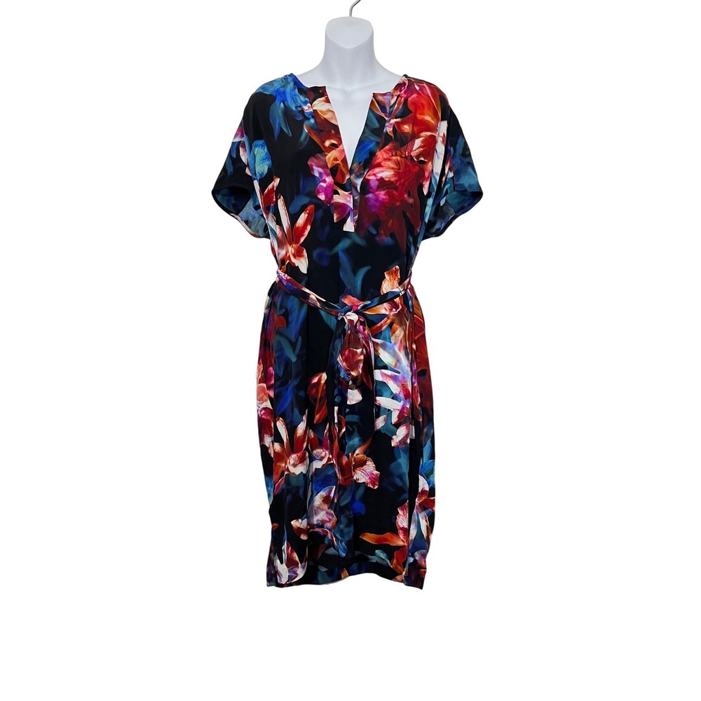 Robert Graham Floral Midi Dress‎ Womens Medium Multi Color Silk Blend Belted